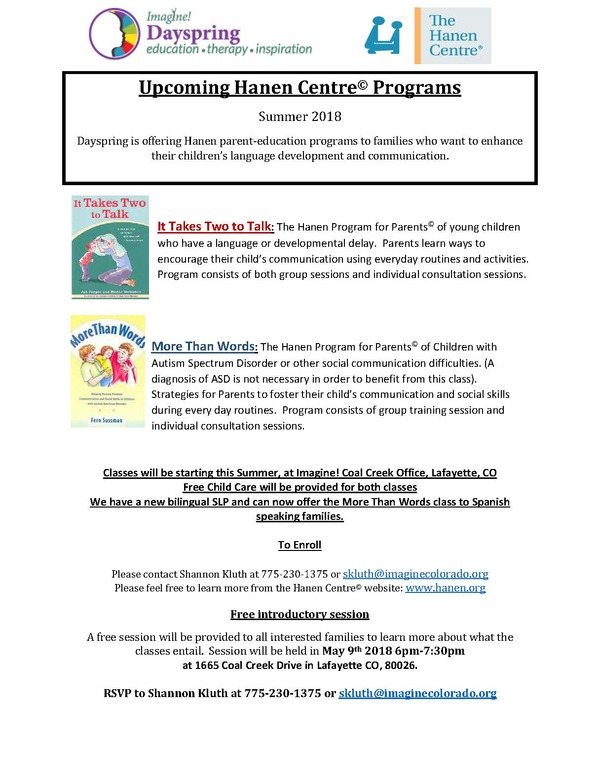Flyer of upcoming Hanen classes spring 2018 Flyer of upcoming Hanen classes spring 2018